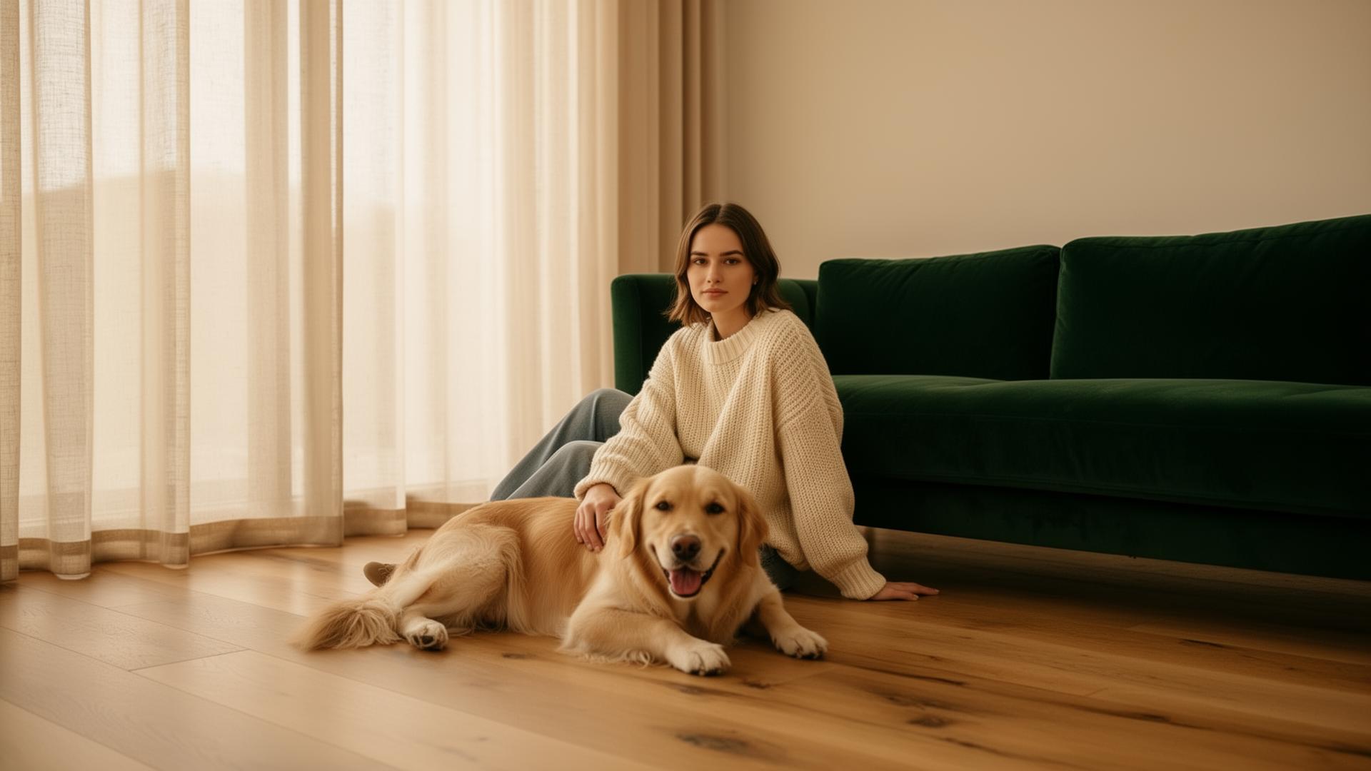 A woman and her golden retriever in a sunlit modern living room