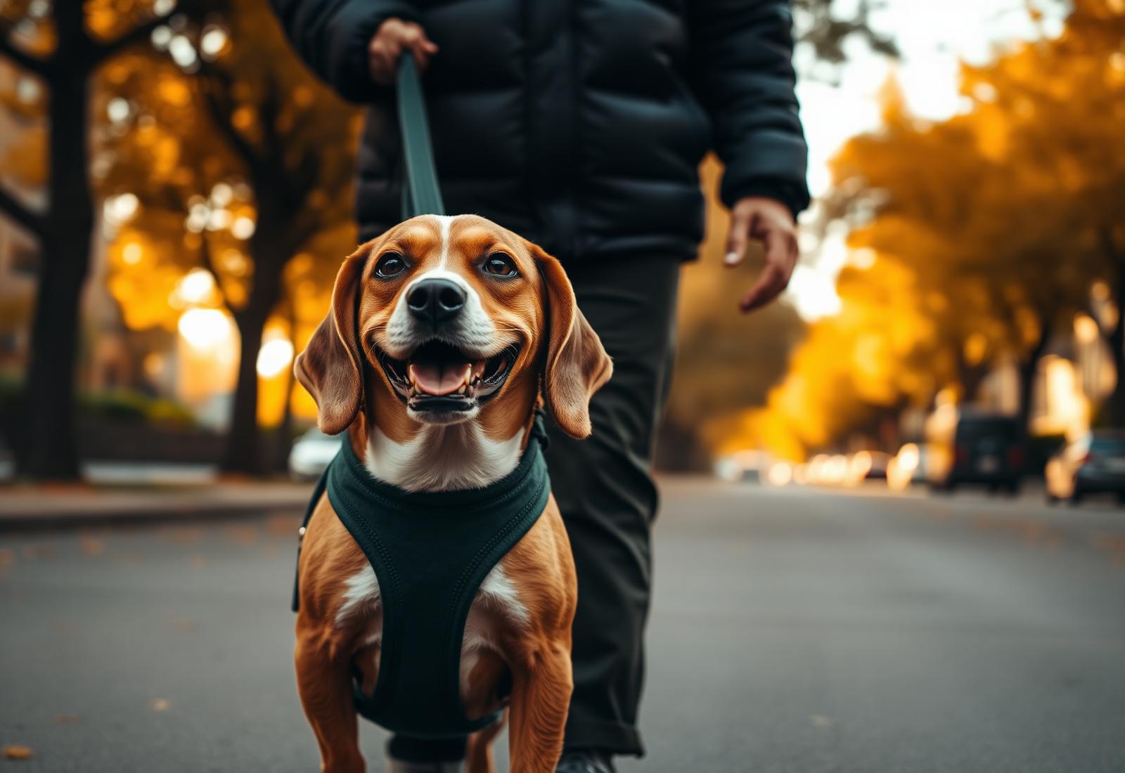 A man walking his beagle through a sunlit autumn street